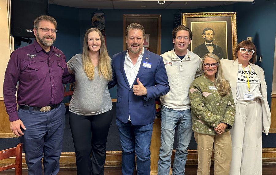 Rebecca Winegar with fellow Arapahoe County Republican candidates Paul Nelson, Clinton Porter, Scott Shamblin, Danielle Lammon, and Jill Thompson at the Lincoln Club Luncheon, May 2026